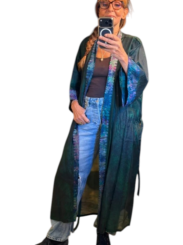 Women's Long Kimono with Tie-Dye Pattern and Belt