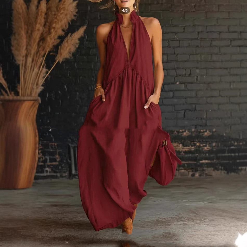 Women's Halter Neck Maxi Dress with Button Front and Relaxed Silhouette - Red