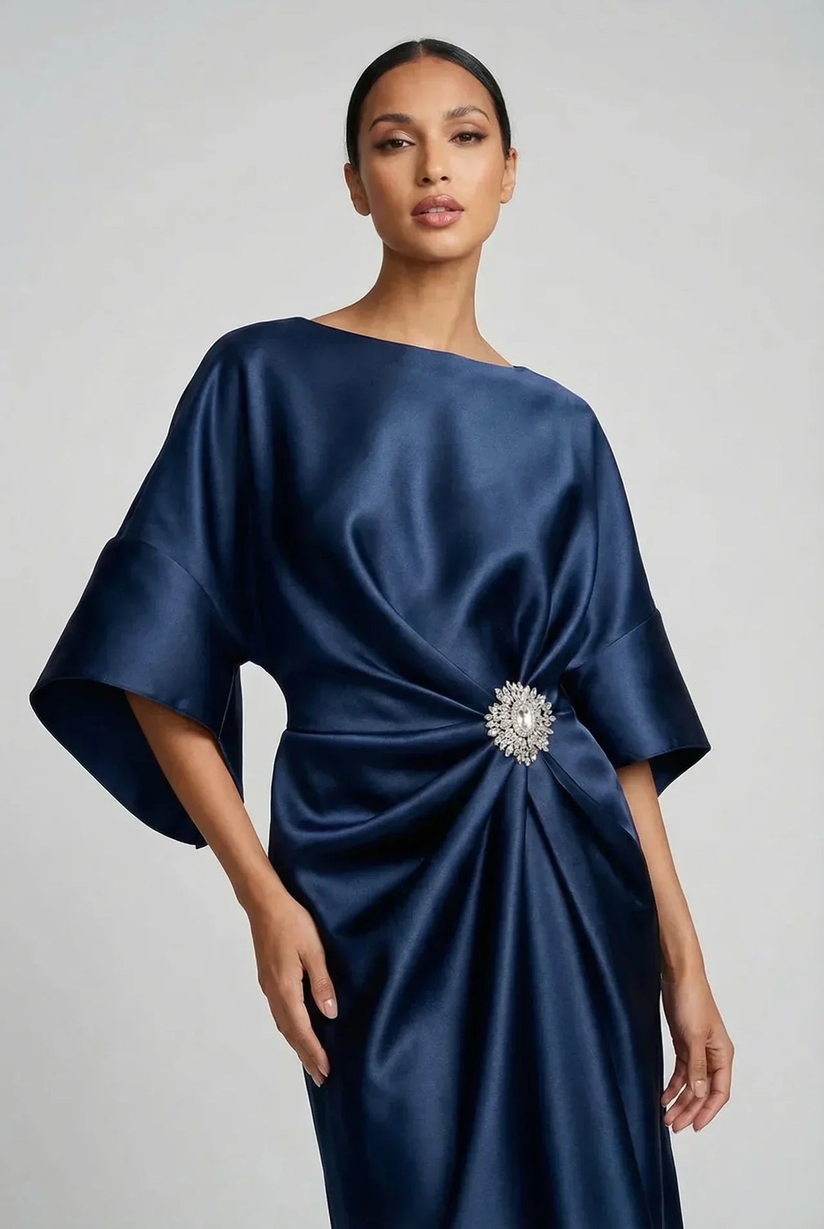 Women's Batwing Midi Dress with Jewel Neckline and Draped Waist - 5