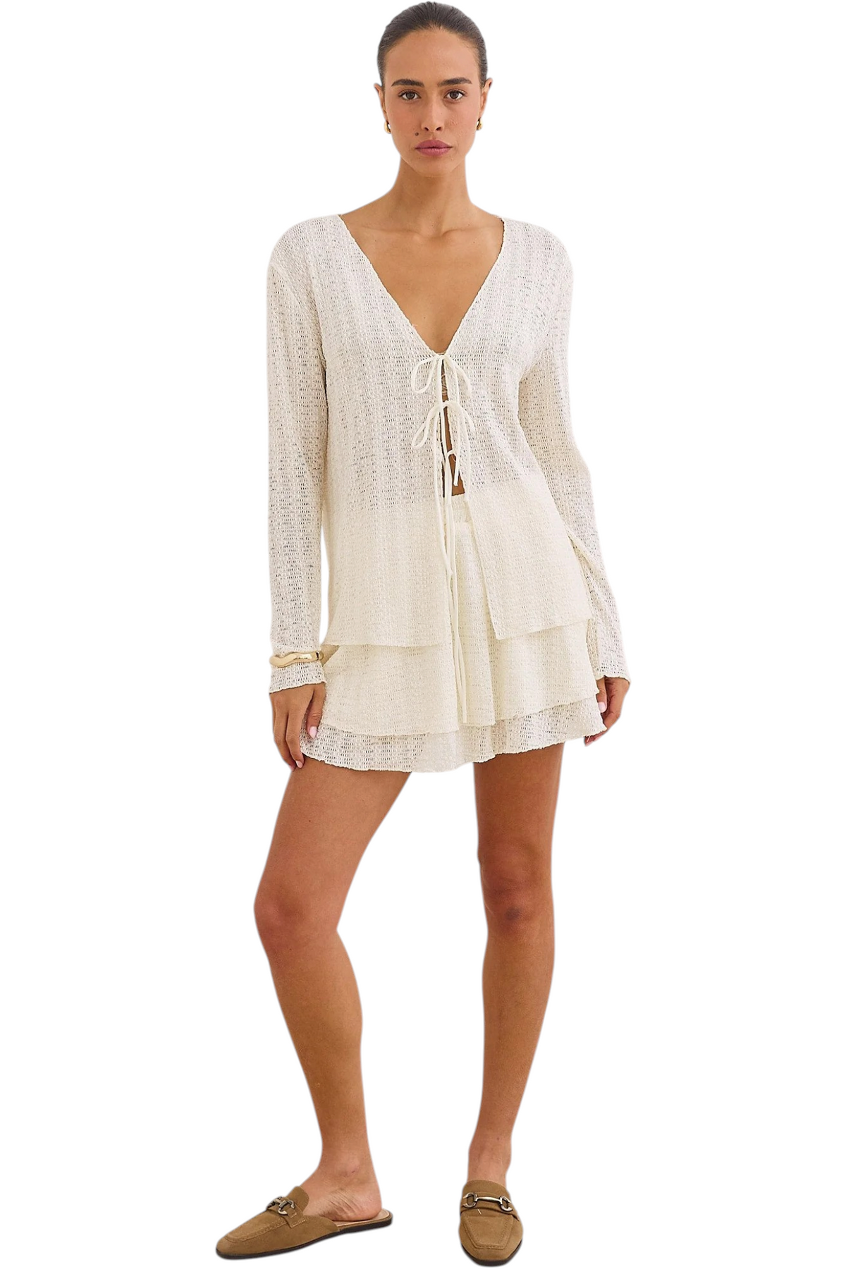 Women's Open-Knit Cardigan with V-Neck Tie Front and Long Sleeves