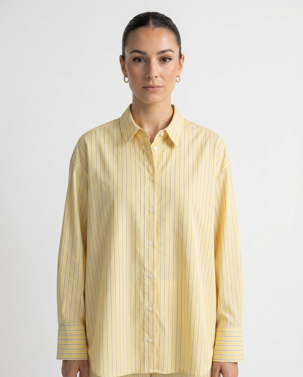 Women's Striped Shirt Loose Fit with Classic Collar - Yellow