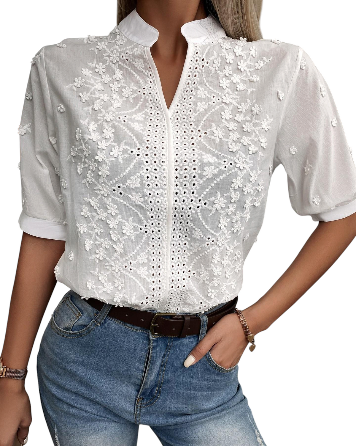 Women's Blouse with V-Neck Mandarin Collar and Floral Lace Embroidery