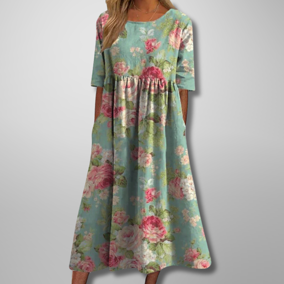 Women's Floral Print Midi Dress with Half Sleeves and Pockets - Mint Green