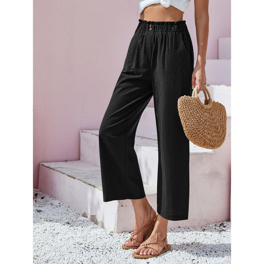 Women's High-Waisted Straight-Leg Trousers with Elastic Paperbag Waist