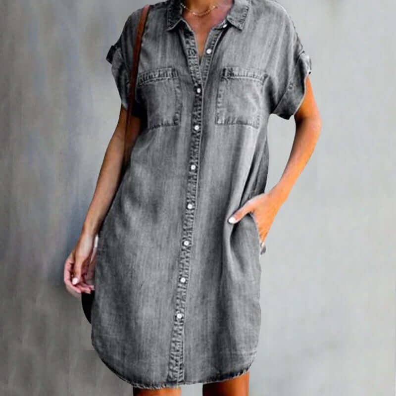 Women's Shirt Dress Short Sleeve Button-Up with Chest Pockets - Grey