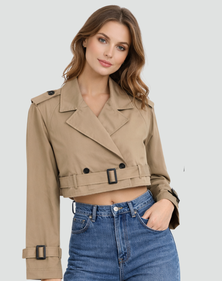 Women's Cropped Trench Coat with Belted Waist and Double-Breasted Front - 2