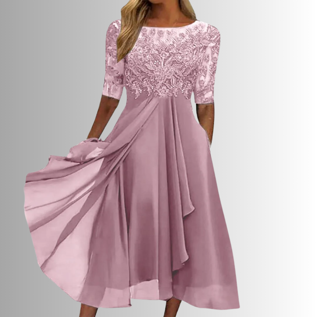 Women's Midi Dress with Lace Bodice and Half Sleeves - Pink