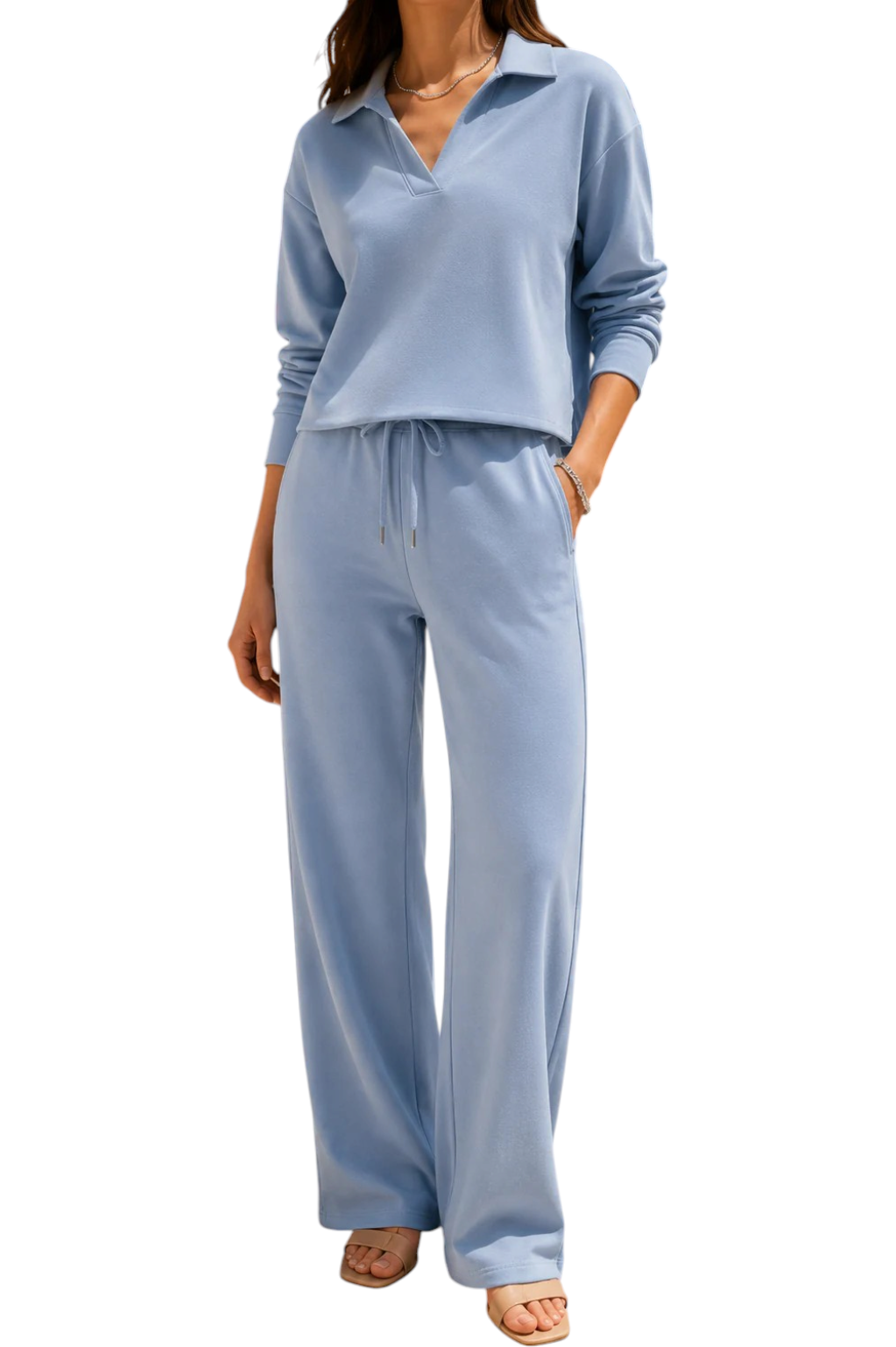 Women's Two Piece Set Collared Long Sleeve Top and Wide Leg Trousers