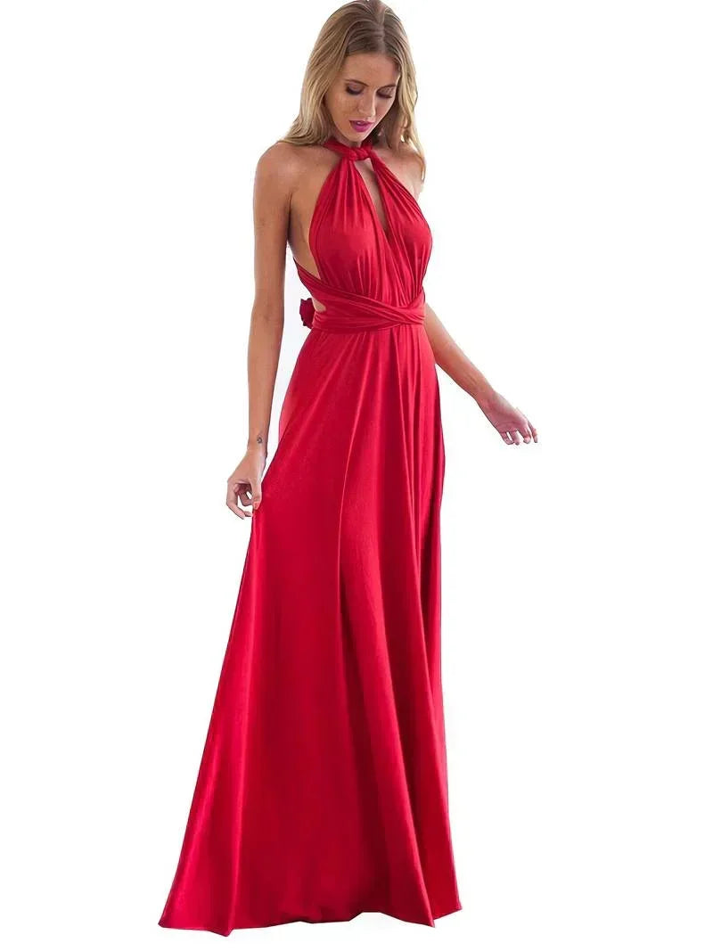 Women's Convertible Maxi Dress Multi-Way Wrap with A-Line Skirt - Red