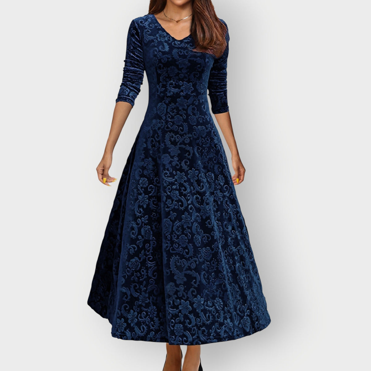 Women's Midi Dress with V-Neck and Flared Skirt - Blue