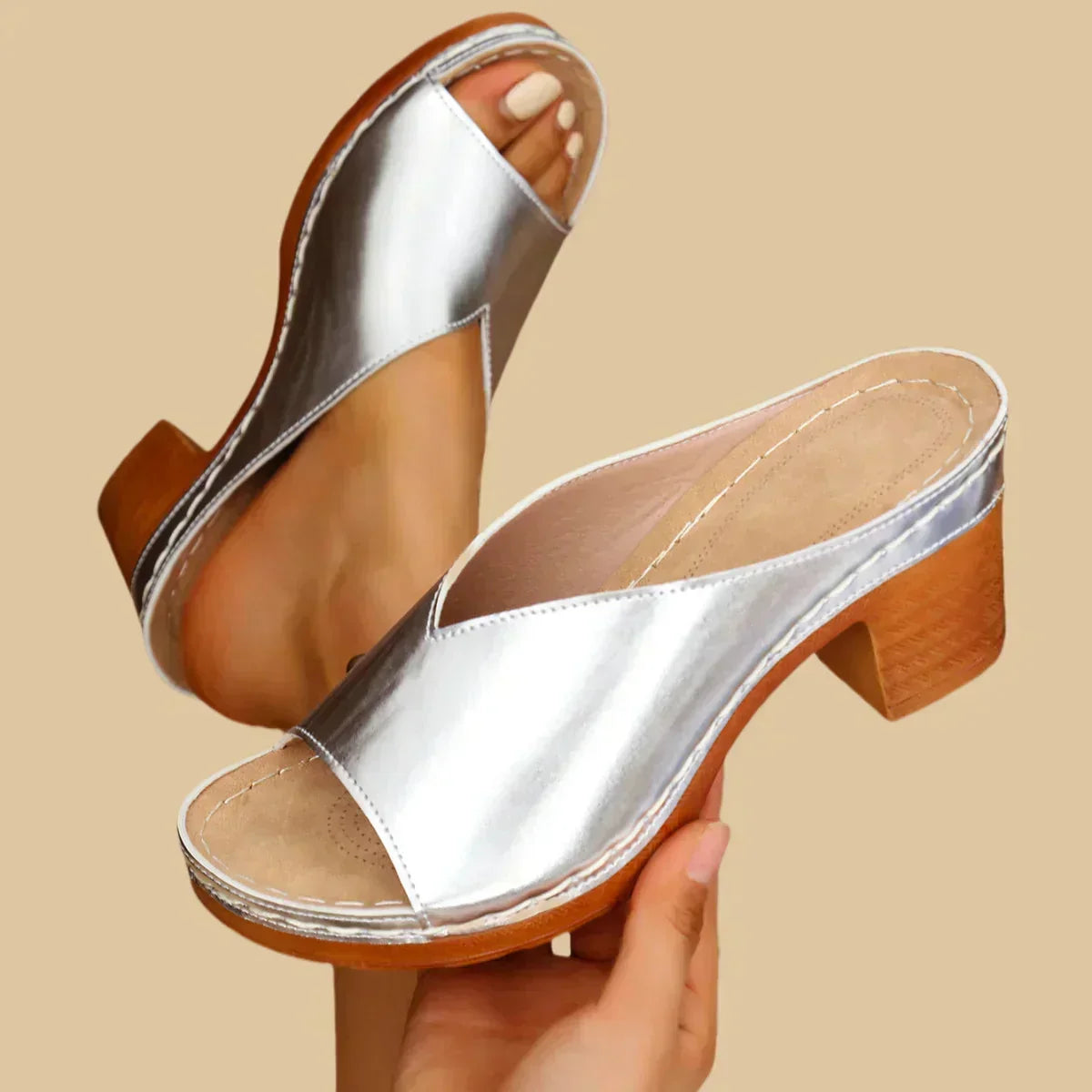 Women's Mule Sandals with Open Toe and Block Heel - 3