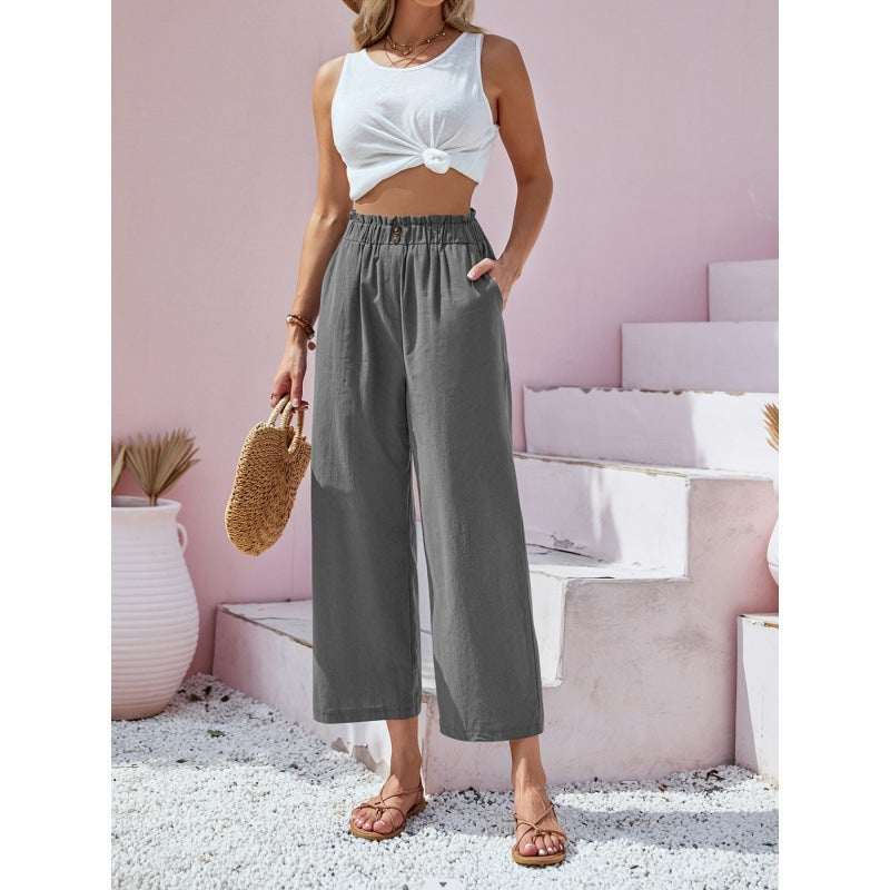 Women's High-Waisted Straight-Leg Trousers with Elastic Paperbag Waist - Grey