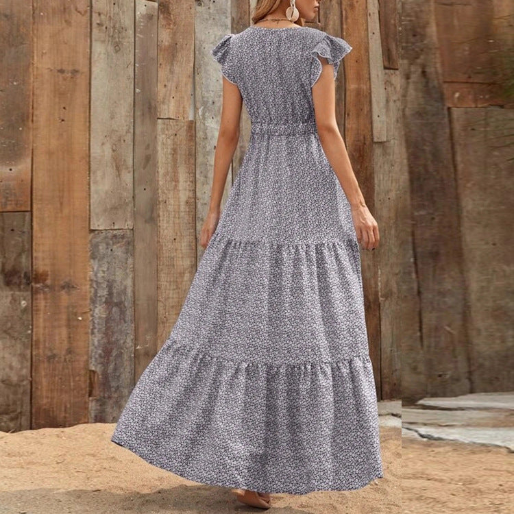 Women's Floral Print Maxi Dress with V-Neck and Ruffle Sleeves - 3