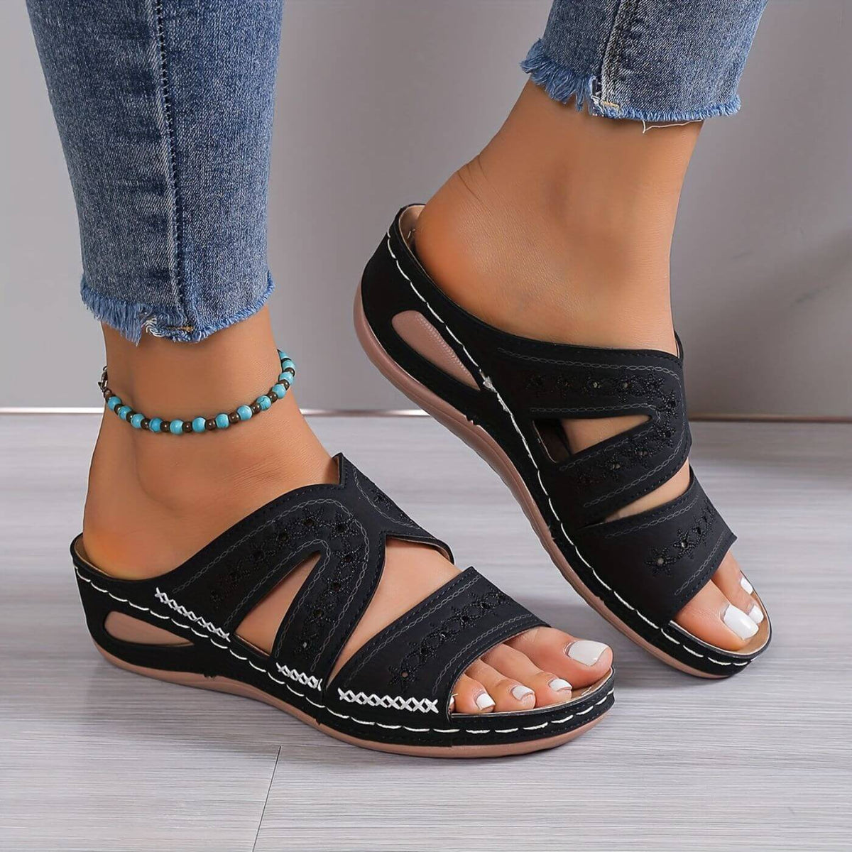 Women's Slide Sandals with Embroidered Cutout Straps and Wedge Sole - Black