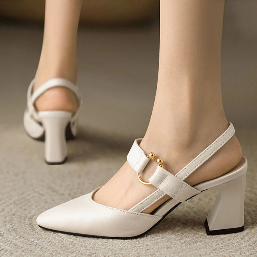 Women's Slingback Heels Pointed Toe with Ring Detail and Block Heel - Beige