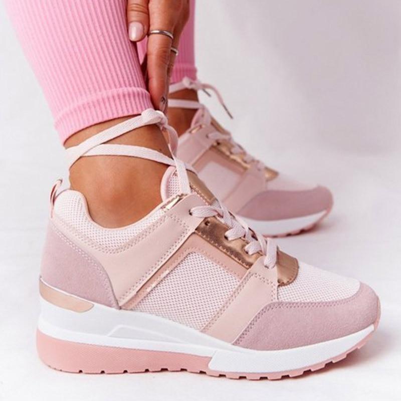Women's Wedge Sneakers with Metallic Trim and Lace-Up Front - Pink