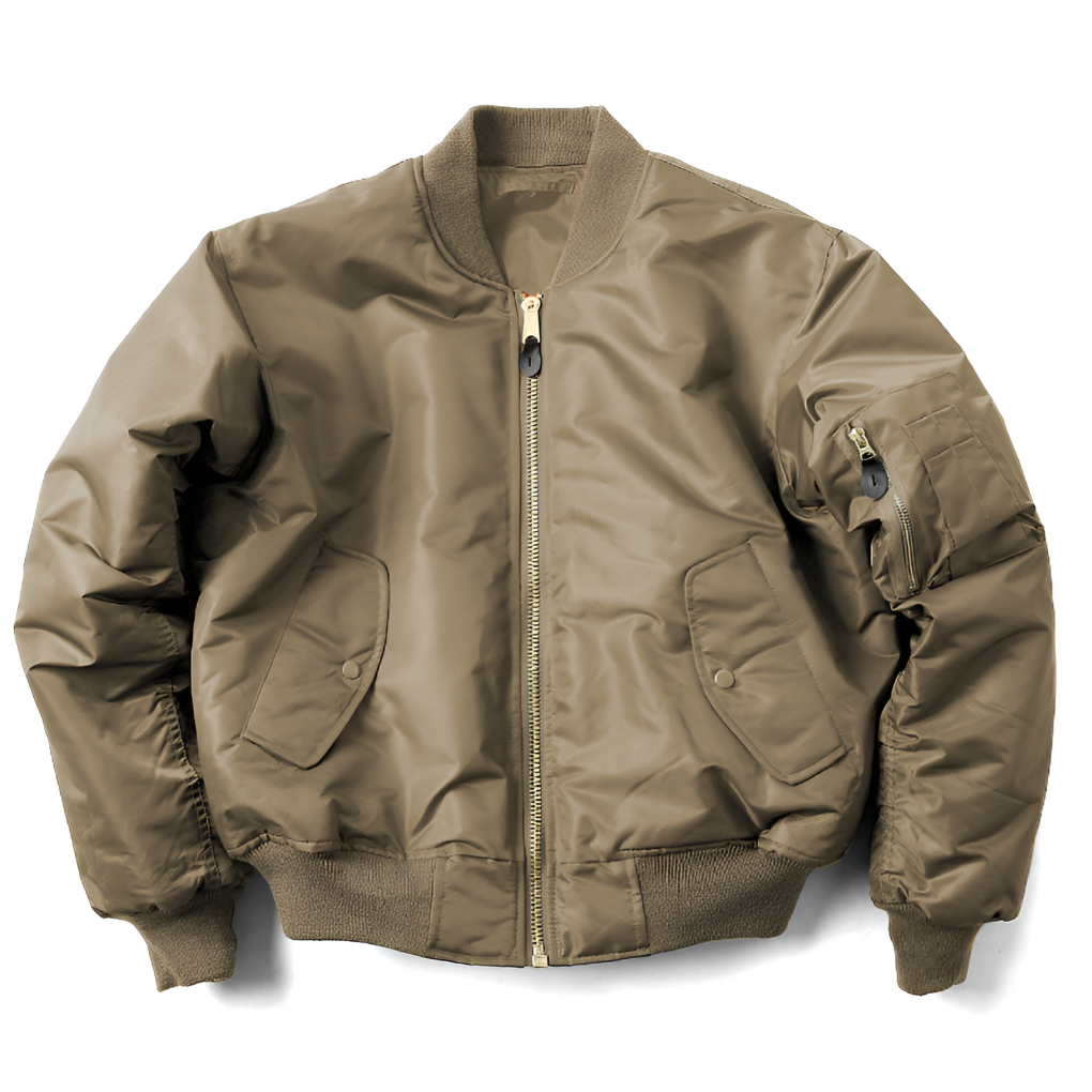 Unisex Bomber Jacket with Ribbed Trims and Zip Front - Khaki
