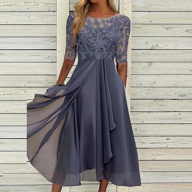 Women's Midi Dress with Lace Bodice and Flowy A-Line Skirt - Purple