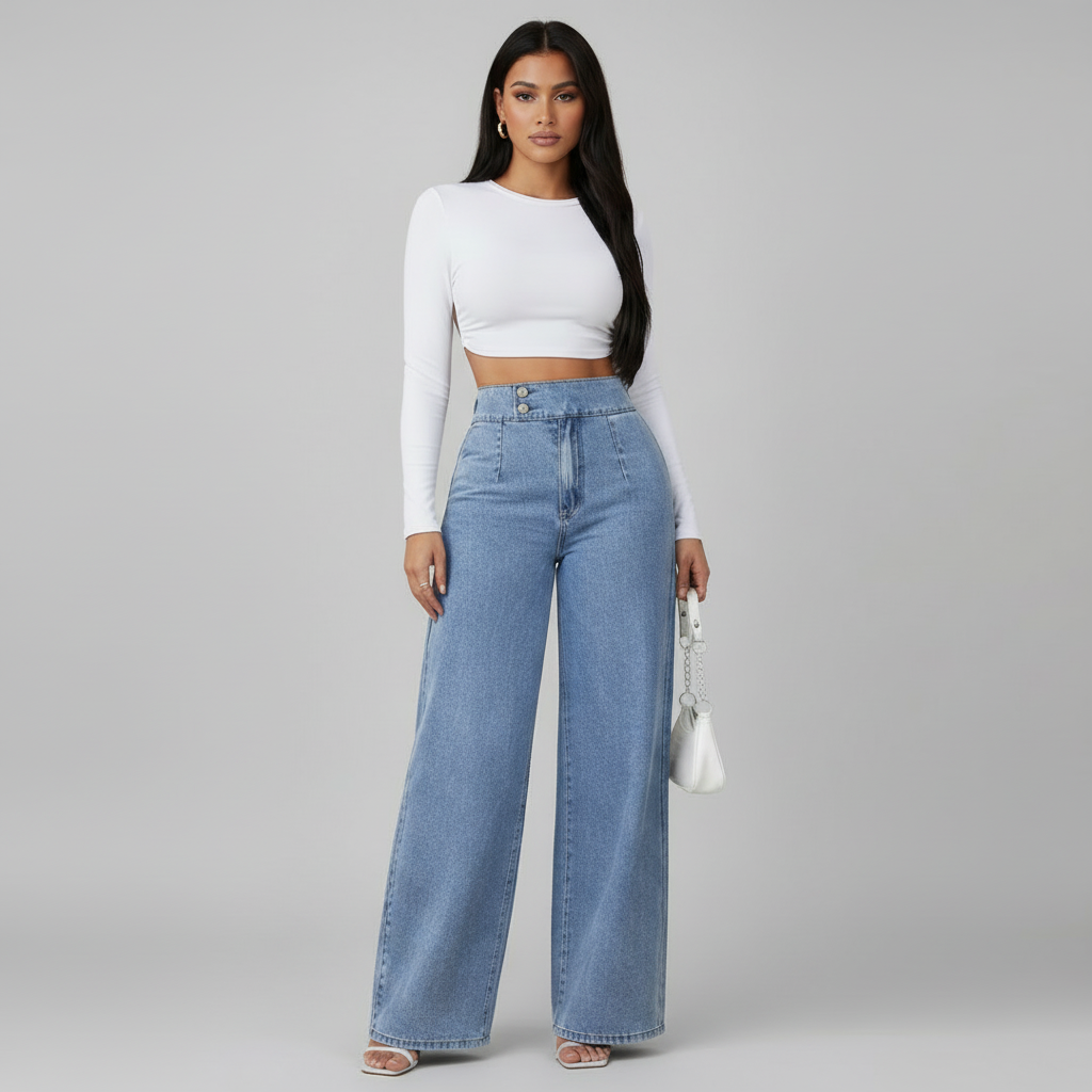 Women's Wide Leg Jeans High Rise with Full Length Silhouette - Light Blue