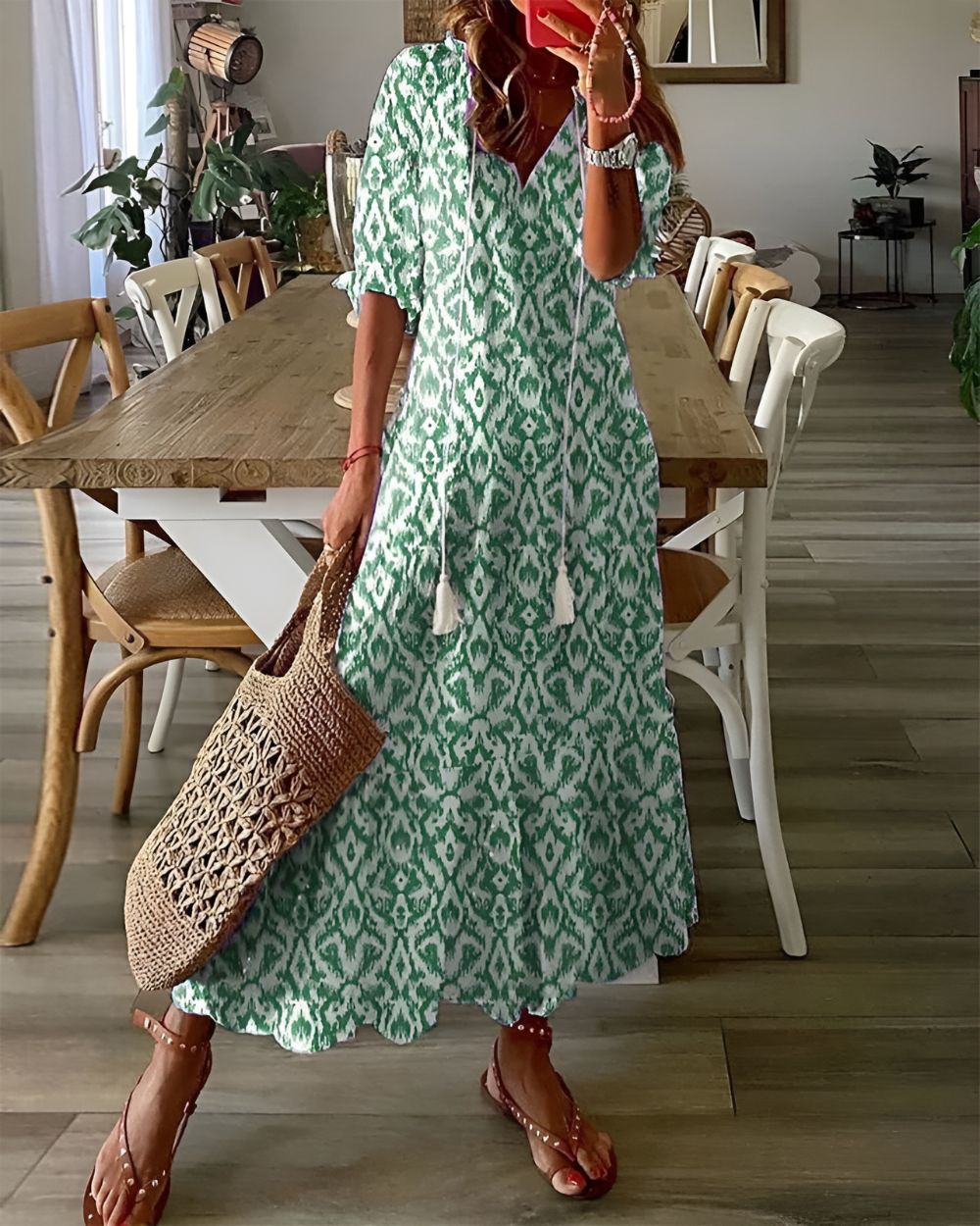 Women's Printed Tiered Maxi Dress with Tasselled V-Neck - Green