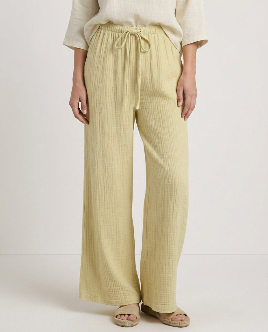Women's Wide-Leg Trousers with Elastic Waist and Textured Finish - 2
