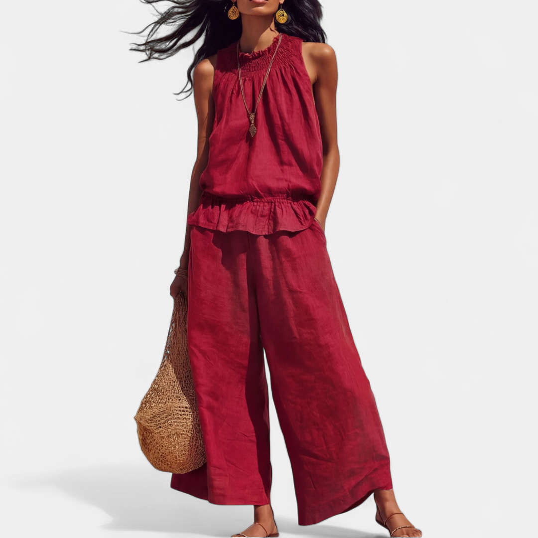 Women's Breezy Linen Wide-Leg Two-Piece Set - Red