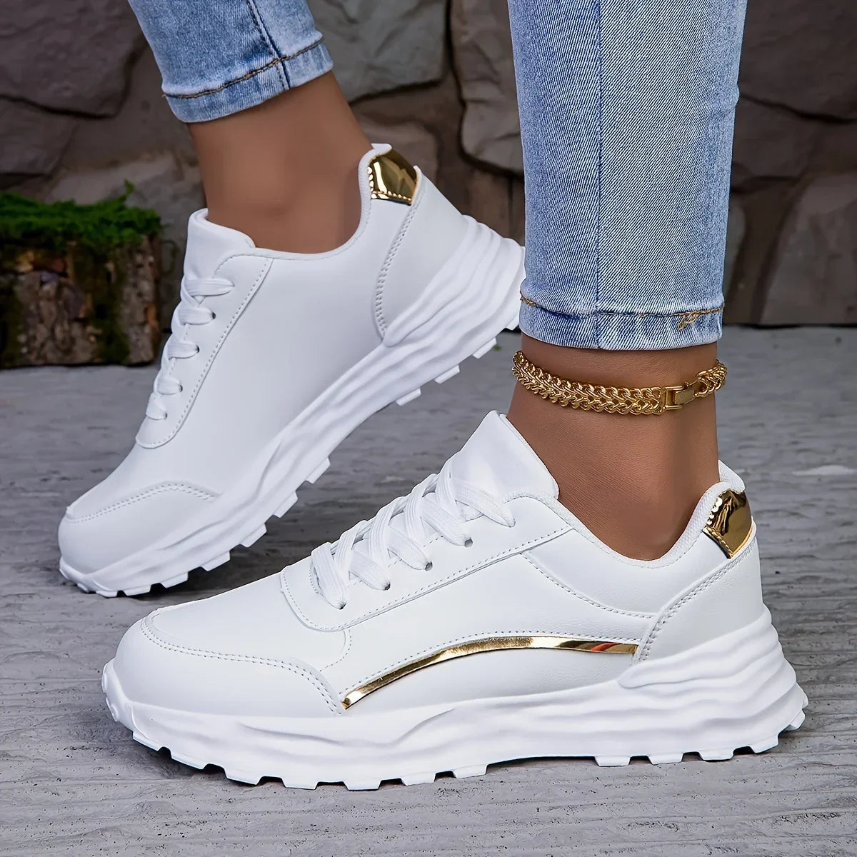 Women's Sneakers with Faux Leather Finish and Metallic Trim - 3