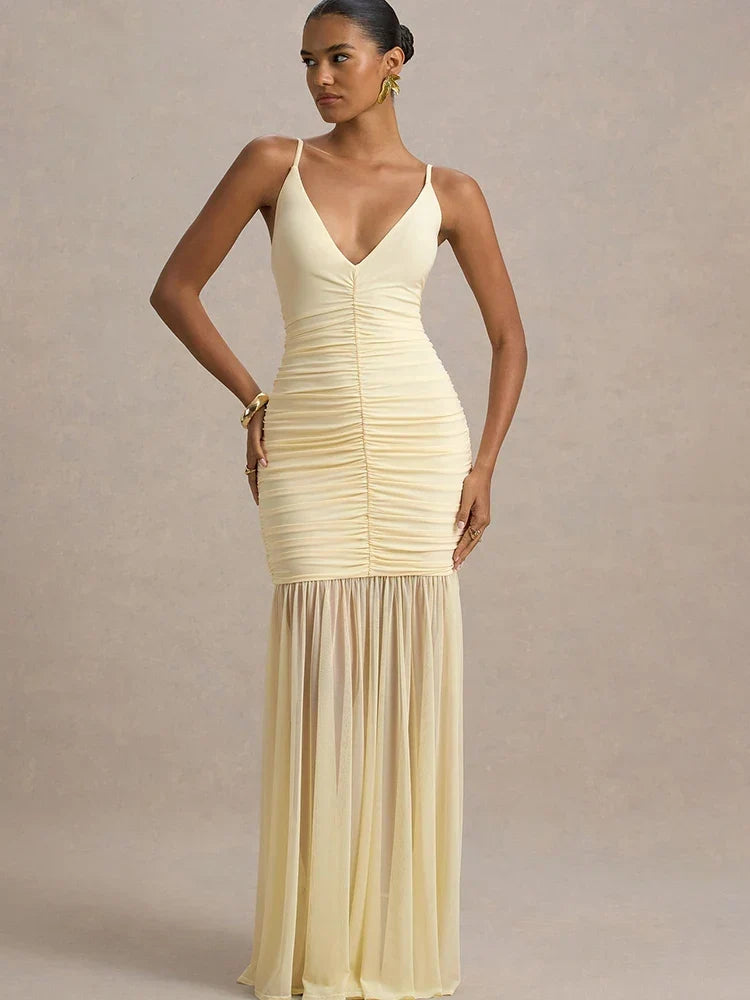 Women's Maxi Dress Sleeveless with V-Neck and Ruched Bodice - 2
