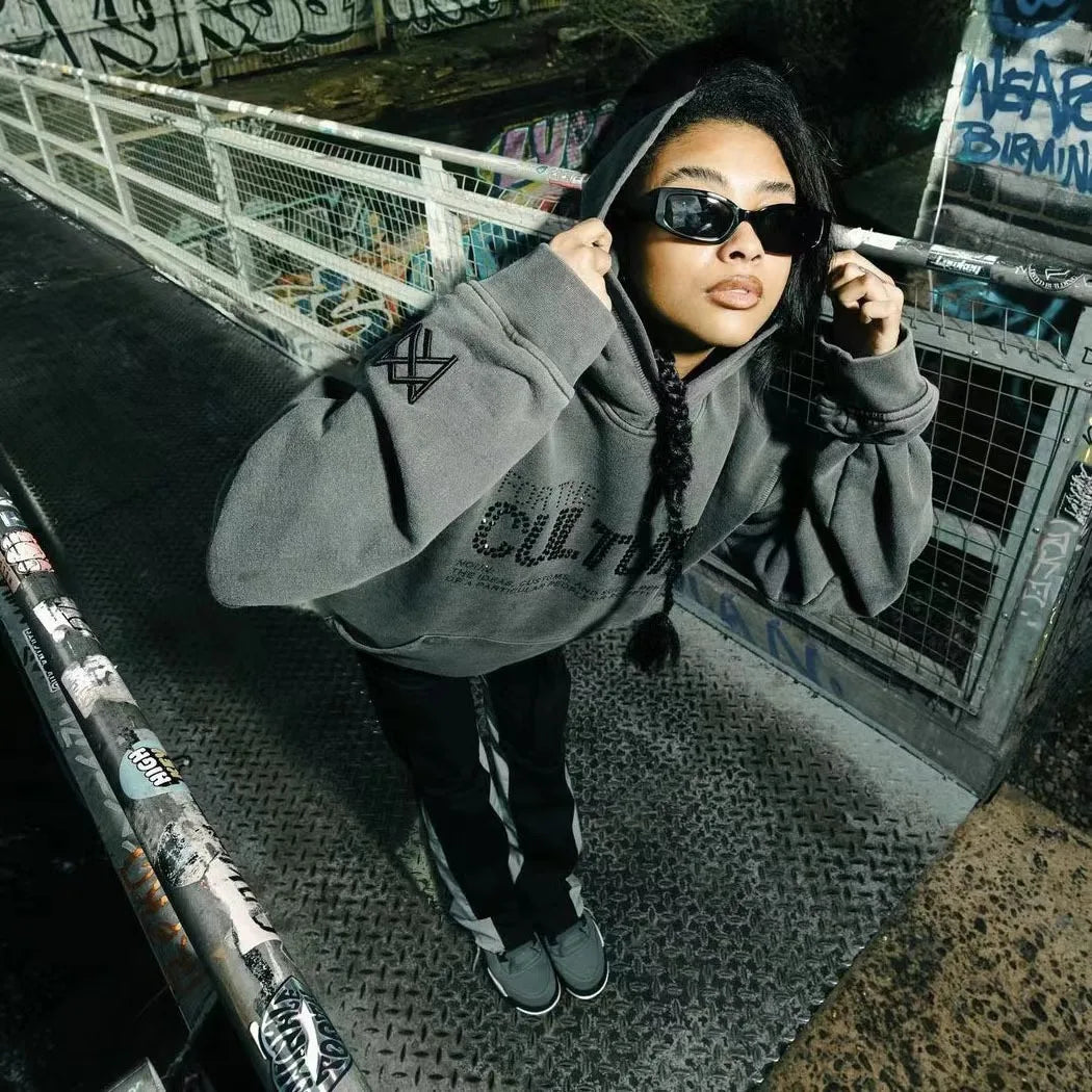 Unisex Hoodie with Rhinestone Statement Text and Relaxed Fit - 3