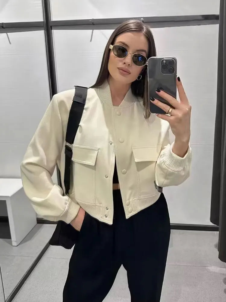 Women's Bomber Jacket with Patch Pockets and Ribbed Trim - 2