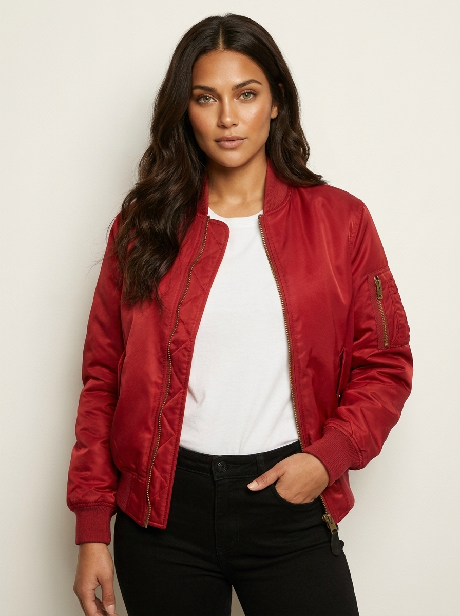 Women's Bomber Jacket with Ribbed Trims and Utility Pocket - Red