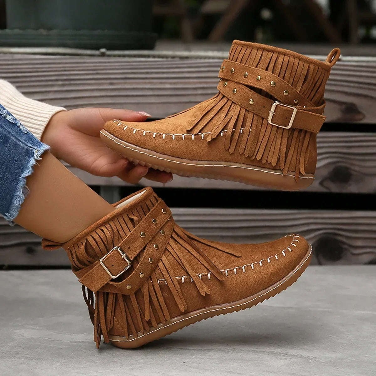 Women's Ankle Boots with Fringe and Studs, Western Boho Style - 3