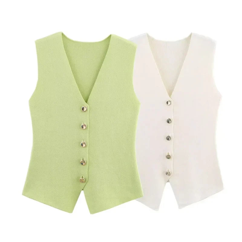 Women's Knitted Waistcoat Sleeveless with V-Neck and Button Front - 2