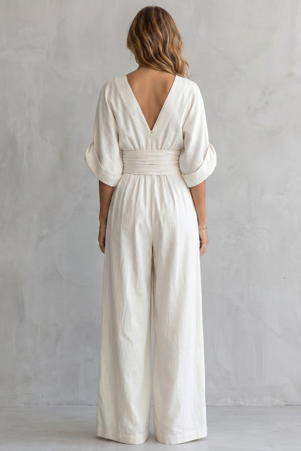 Women's Wide-Leg Jumpsuit with Draped Waist and V-Neck - 3