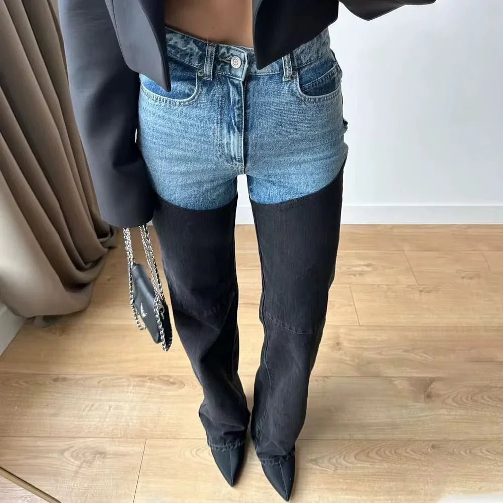Women's High-Waist Jeans with Two-Tone Patchwork and Slim Straight Leg - 3
