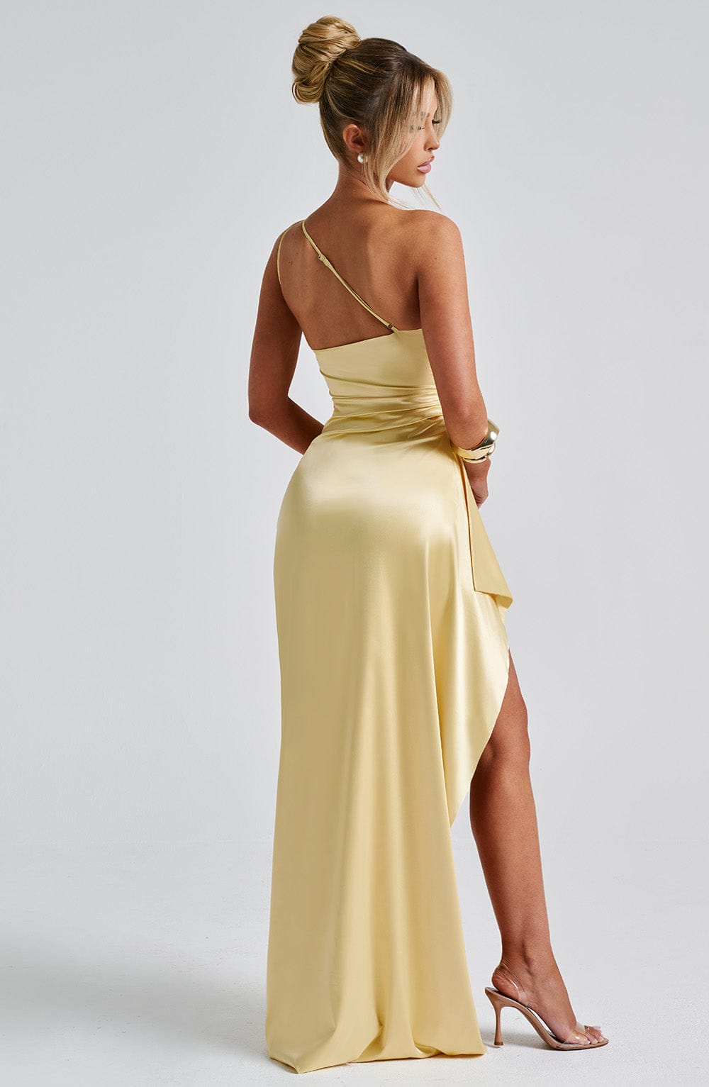 Women's Maxi Dress One Shoulder Ruched Bodycon with Thigh Slit - 3