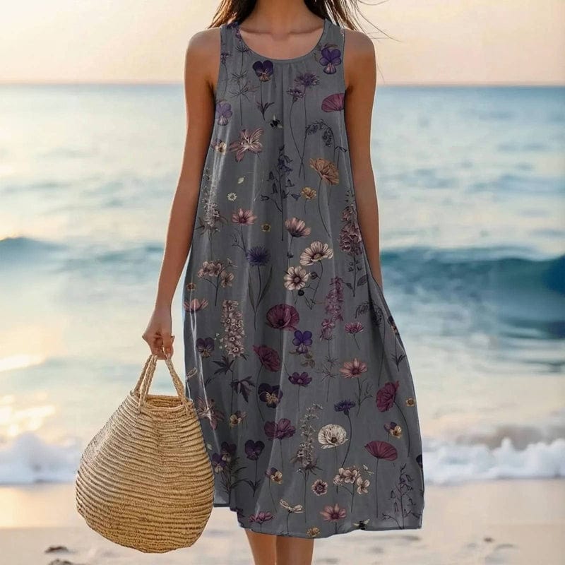 Women's Sleeveless Floral Midi Dress with Scoop Neck and Oversized Fit - Dark Gray