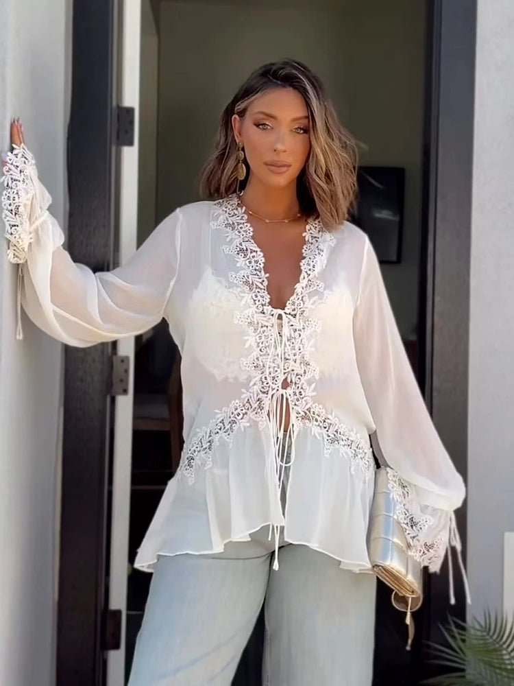Women's Lace-Trim Cardigan Top with Flare Sleeves and V-Neck - 3