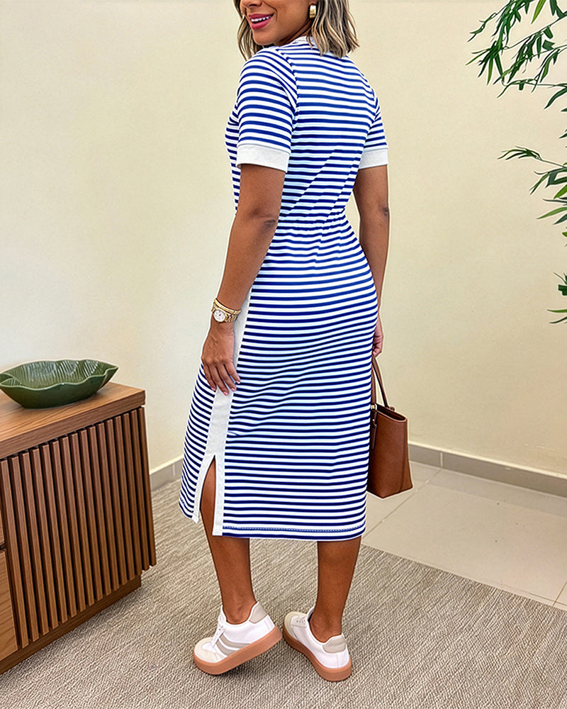 Women's Striped Midi T-Shirt Dress with Side Slit and Pockets - 3