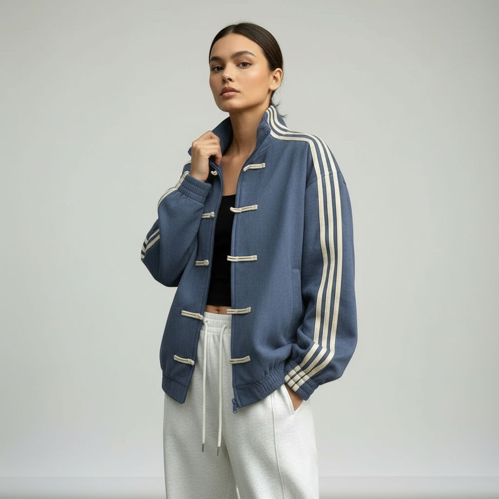 Women's Track Jacket with Button Loops and Contrast Stripes - 2