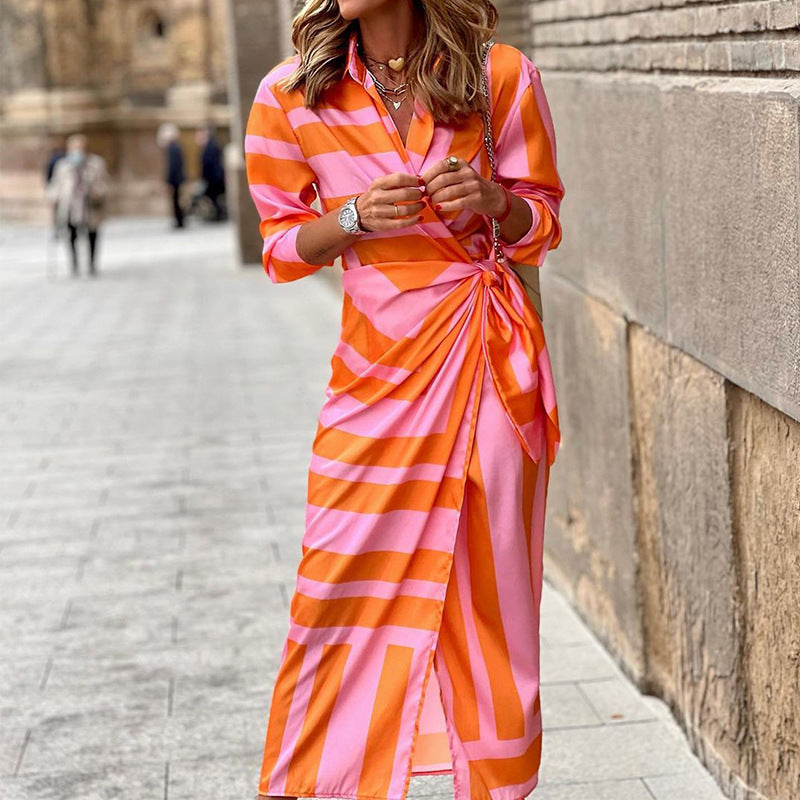 Women's Wrap Midi Dress Striped Long Sleeve with Tie Waist - Orange