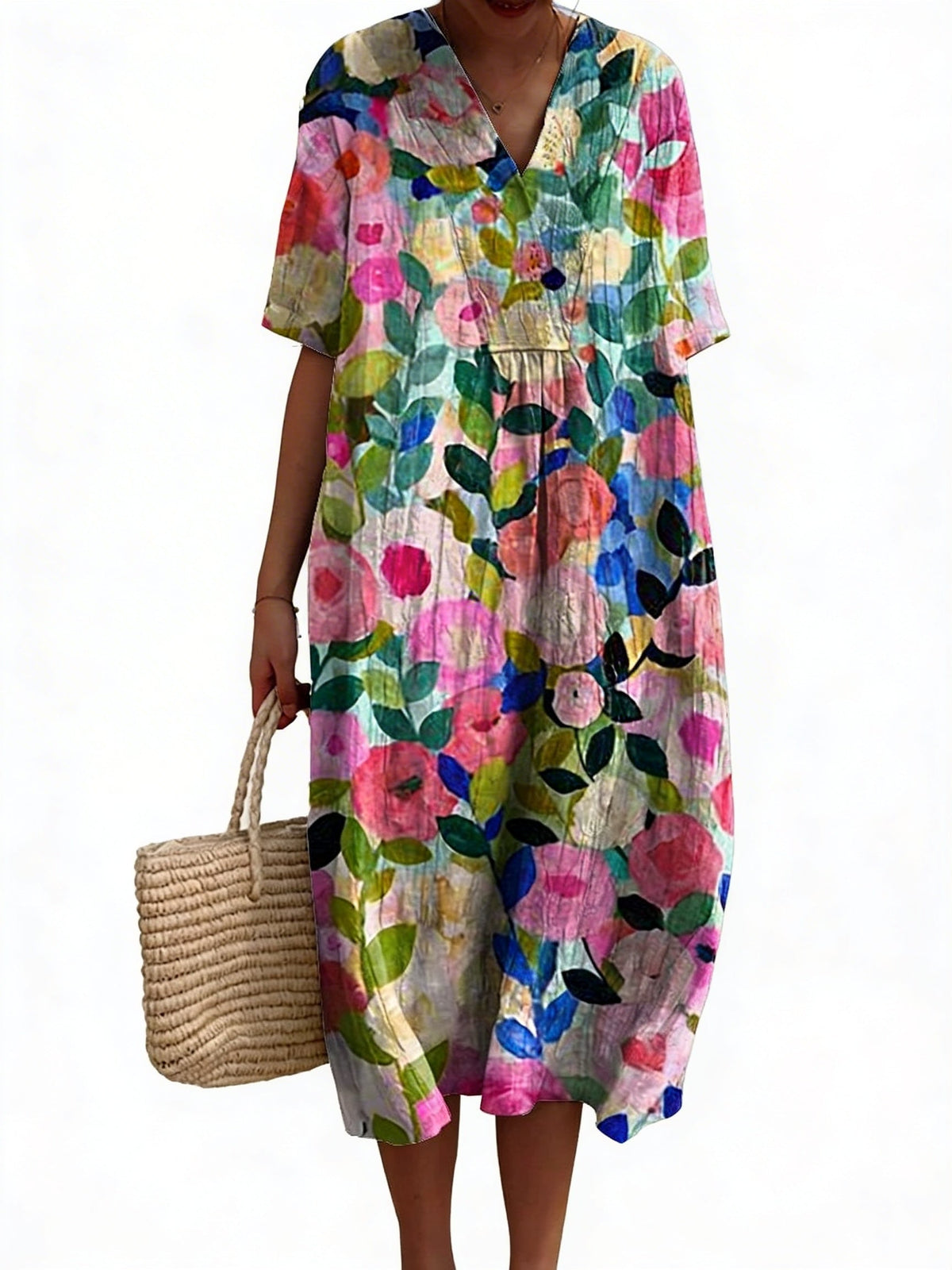 Women's Floral Midi Dress with V-Neck and Short Sleeves - 2