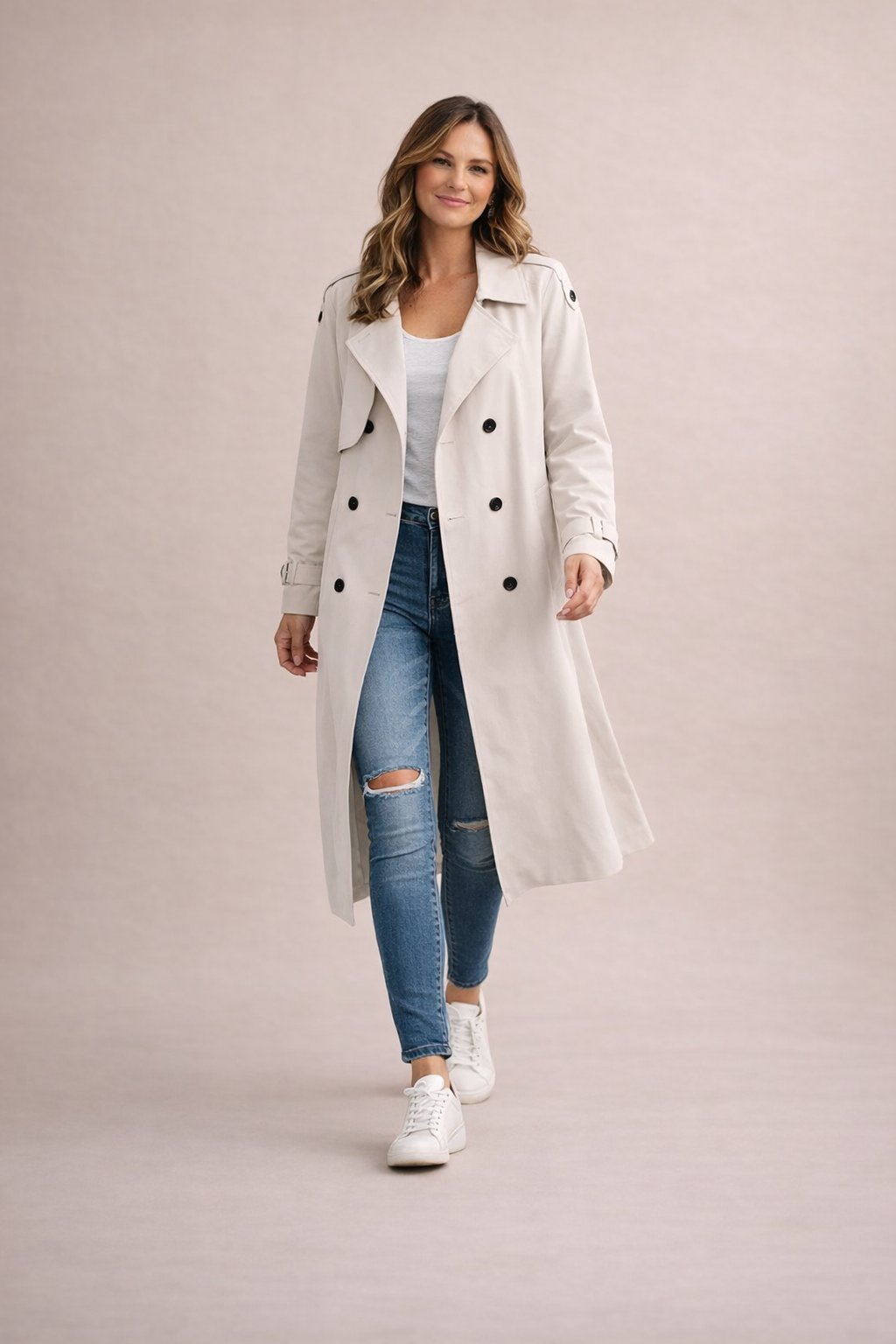 Women's Trench Coat Double Breasted with Belt and Notched Lapel - 3