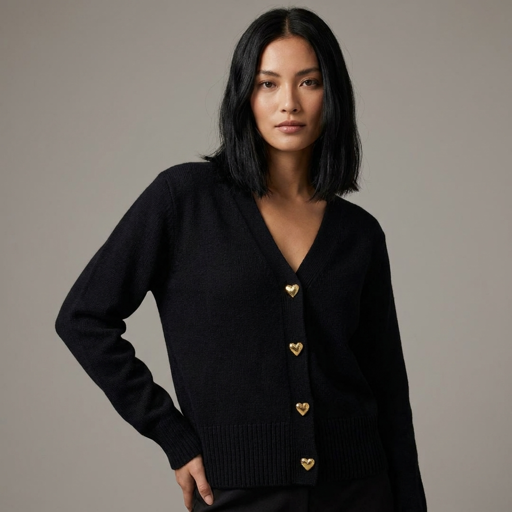 Women's Button-Up Cardigan with V-Neck and Long Sleeves - Black