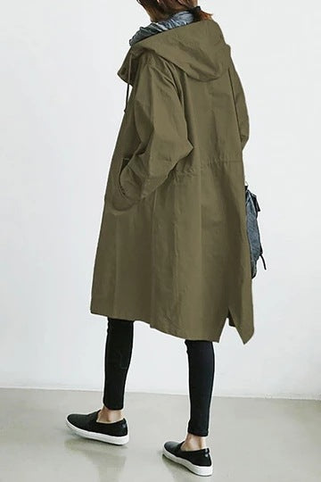 Women's Hooded Trench Coat with Button Front and Oversized Fit - Green