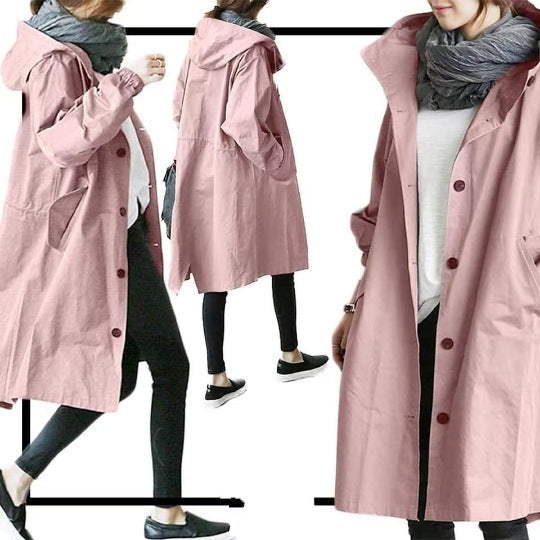 Women's Hooded Trench Coat with Button Front and Oversized Fit - Pink