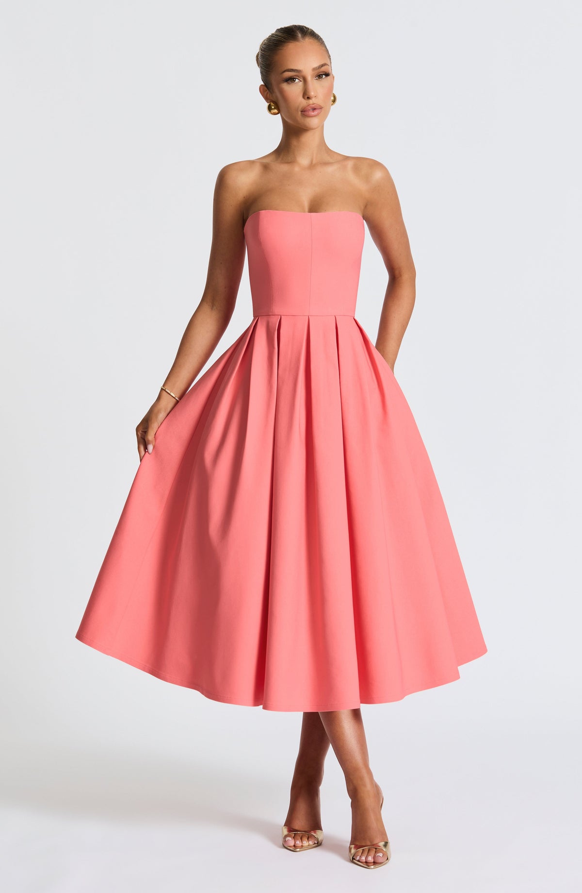 Women's Strapless Midi Dress with Pleated A-Line Skirt - 2