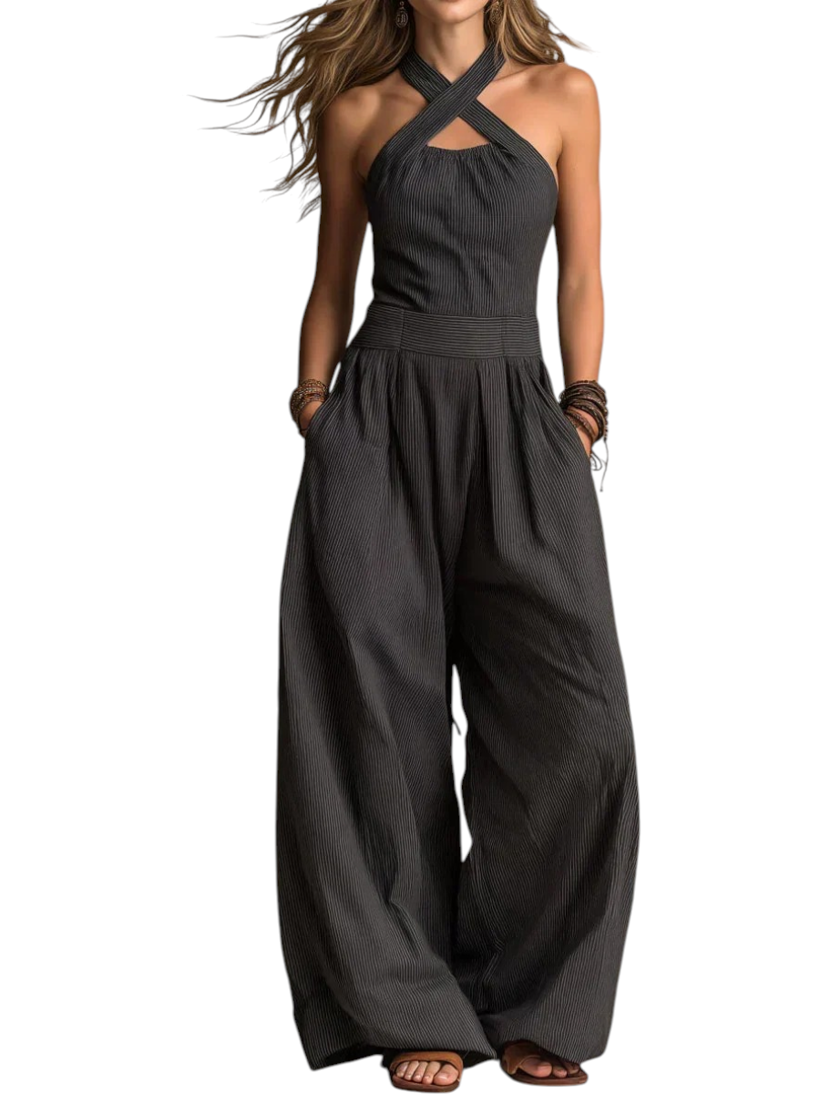 Women's Sleeveless Jumpsuit with Halter Crossover Neckline