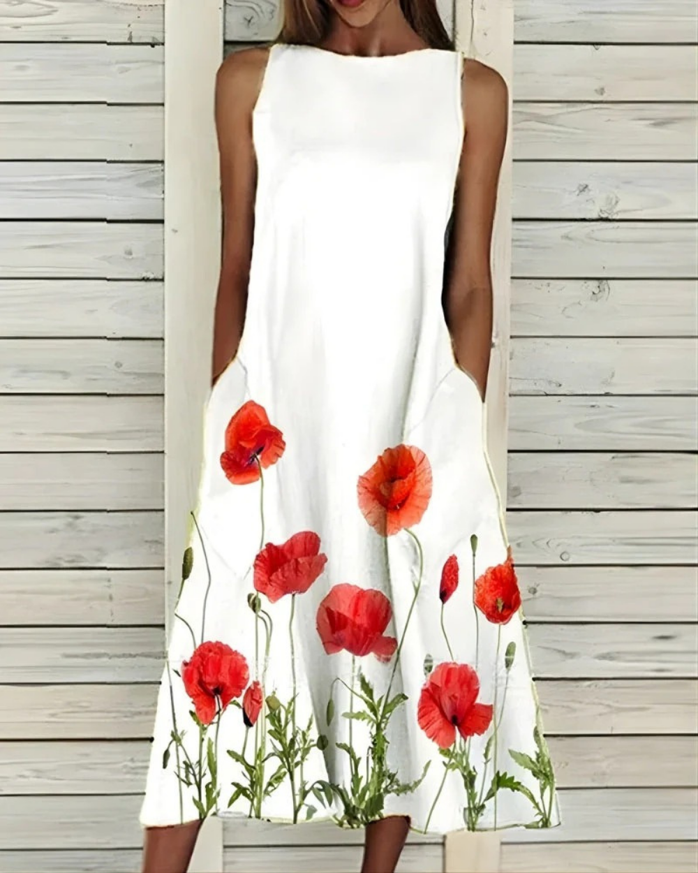 Women's Floral Print Midi Dress Sleeveless with Round Neck and Pockets - Red