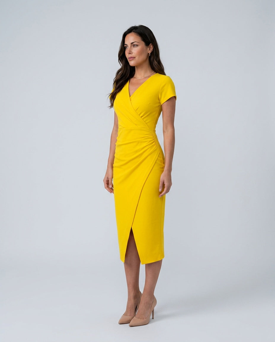 Women's Wrap Midi Dress with Draped Skirt and V-Neck - 2